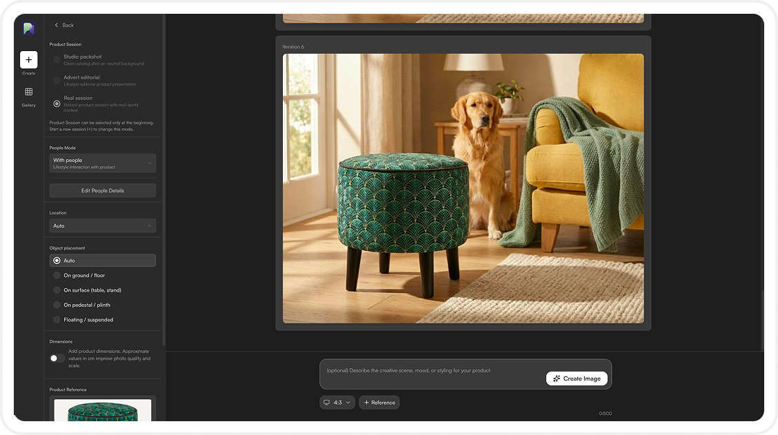 Paqshot interface showing a real product session with AI-generated lifestyle output